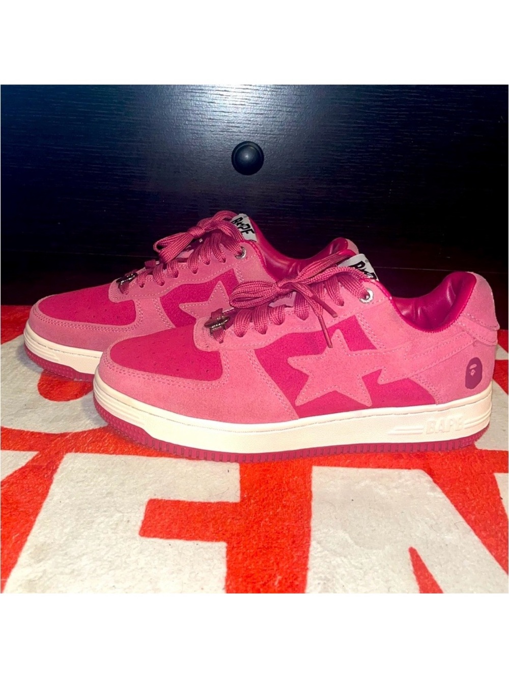 A Bathing Ape Bapesta Low M1 Pink Suede BAPE Sneakers Coral Bapestas Size 8.5 - Picture 2 of 8